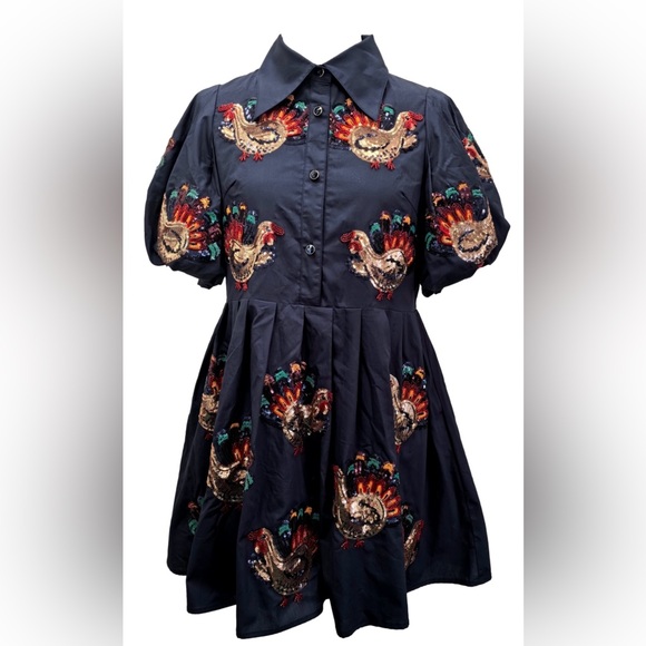 QUEEN OF SPARKLES Sequin ALLOVER TURKEYS Dress NWT - Picture 3 of 3